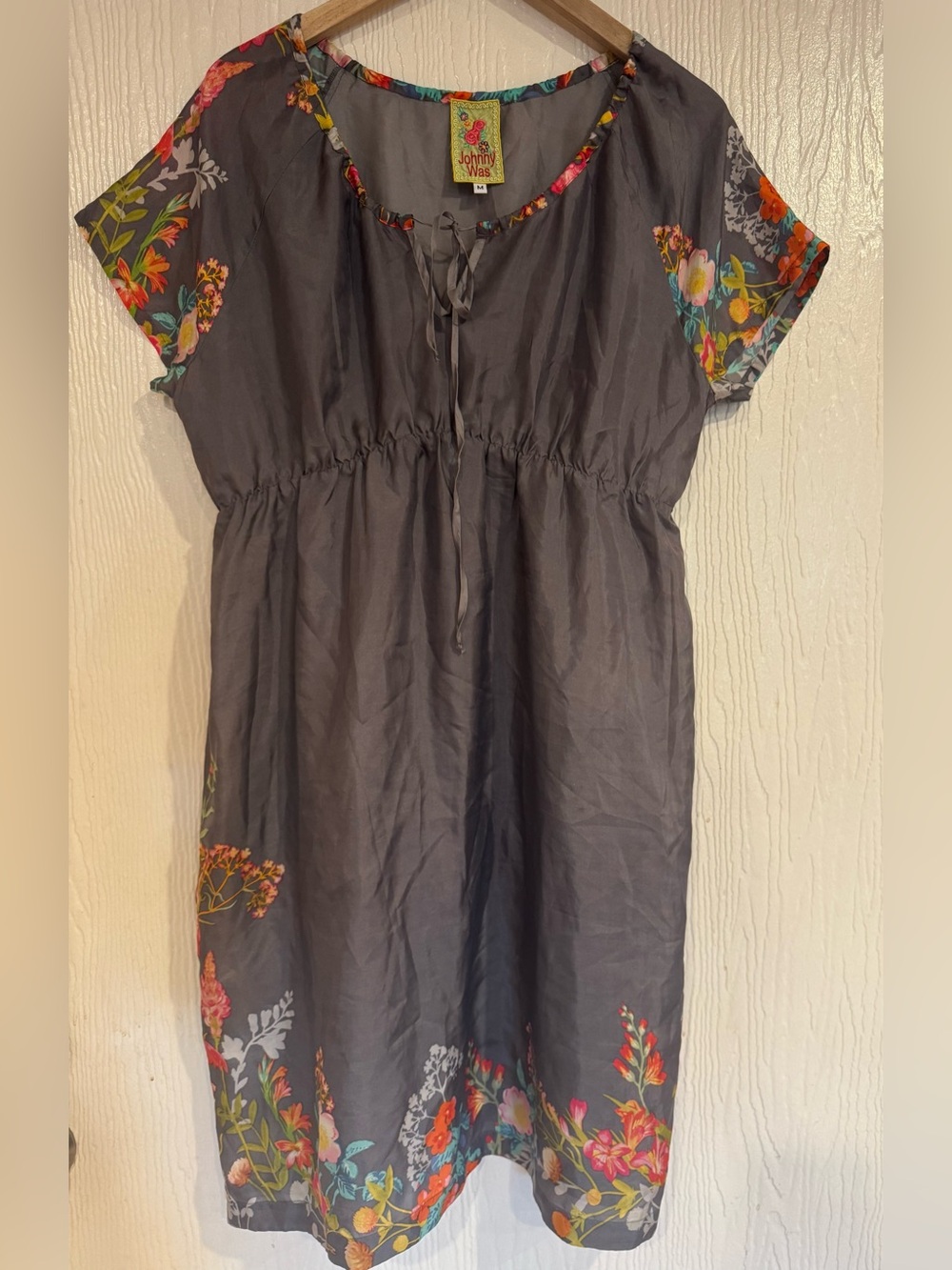 Johnny Was Floral Grey 100% Silk Tunic Dress M Boho EUC